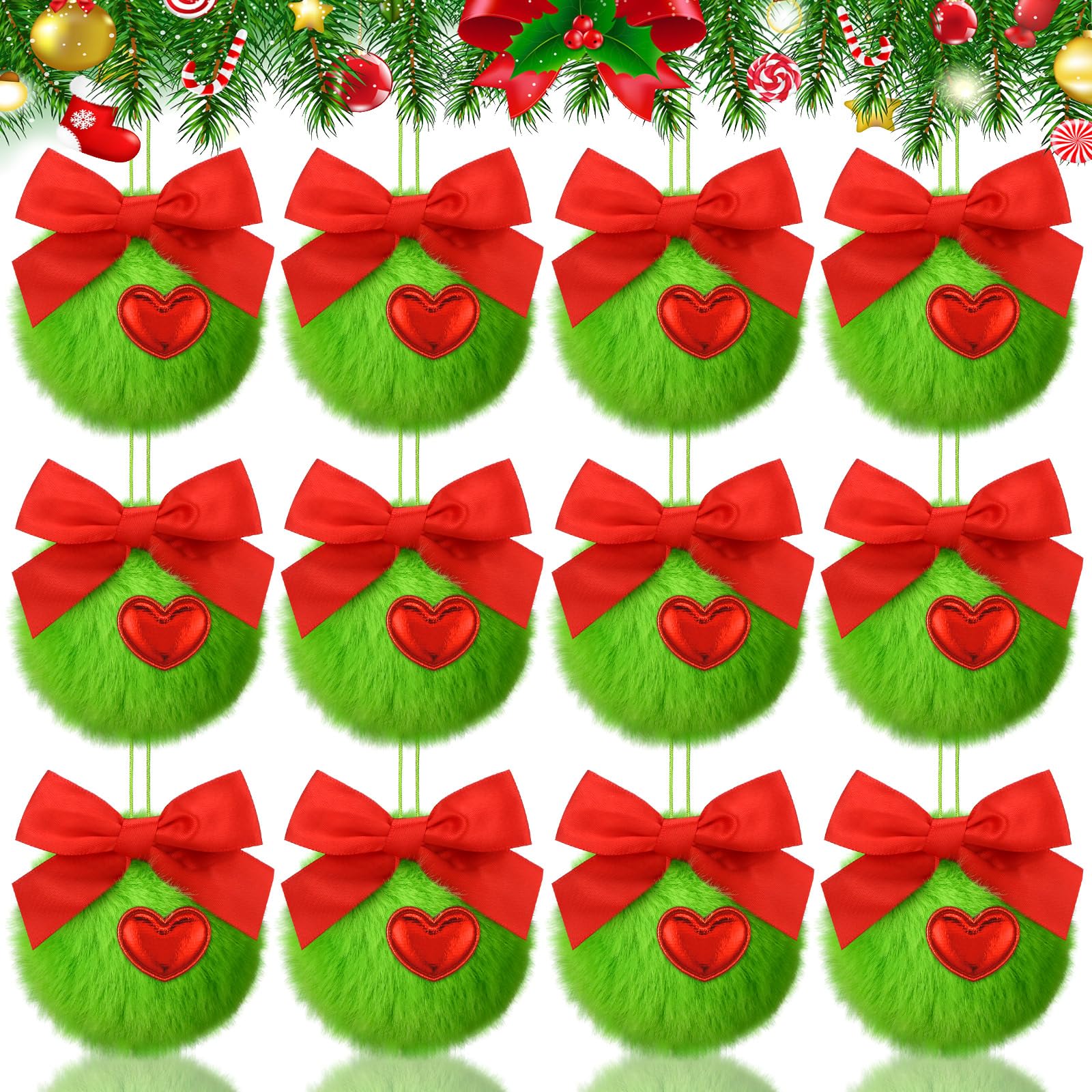 Christmas Clearance Sale Christmas Ornaments 12 Pcs Lime Green Furry Christmas Balls with Bows or Red Heart Cute Green Monster Christmas Decorations Hanging Ornaments for Xmas Tree Holiday Party Home Wall Christmas Decor Christmas White Elephant Gifts
