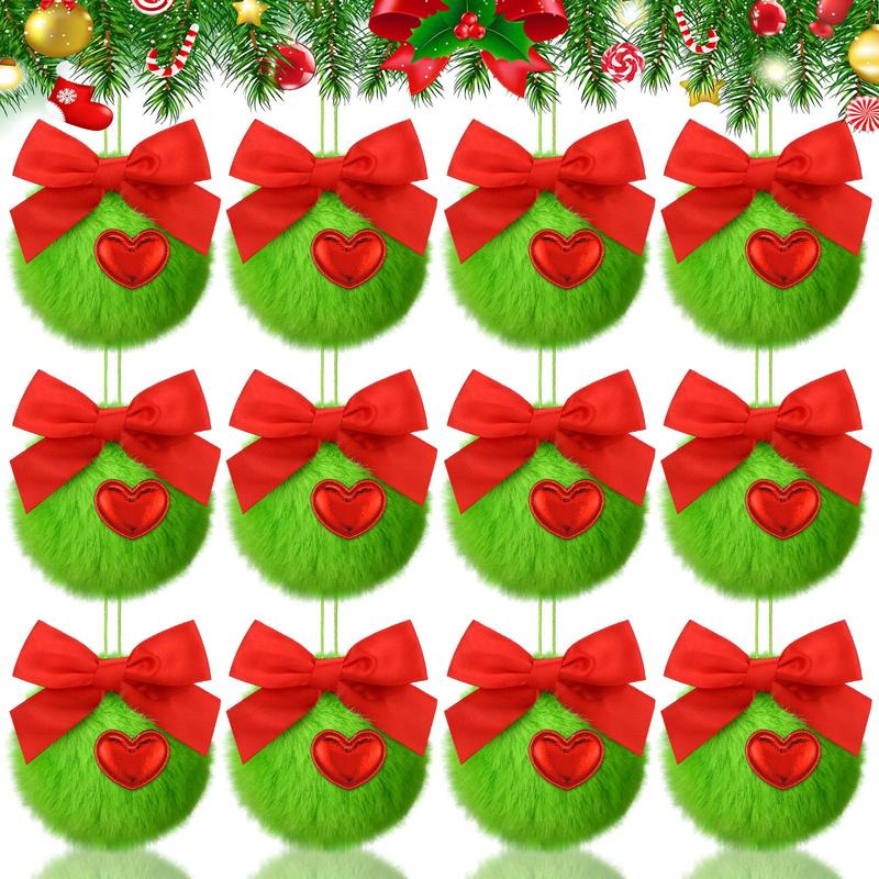 Christmas Clearance Sale Christmas Ornaments 12 Pcs Lime Green Furry Christmas Balls with Bows or Red Heart Cute Green Monster Christmas Decorations Hanging Ornaments for Xmas Tree Holiday Party Home Wall Christmas Decor Christmas White Elephant Gifts