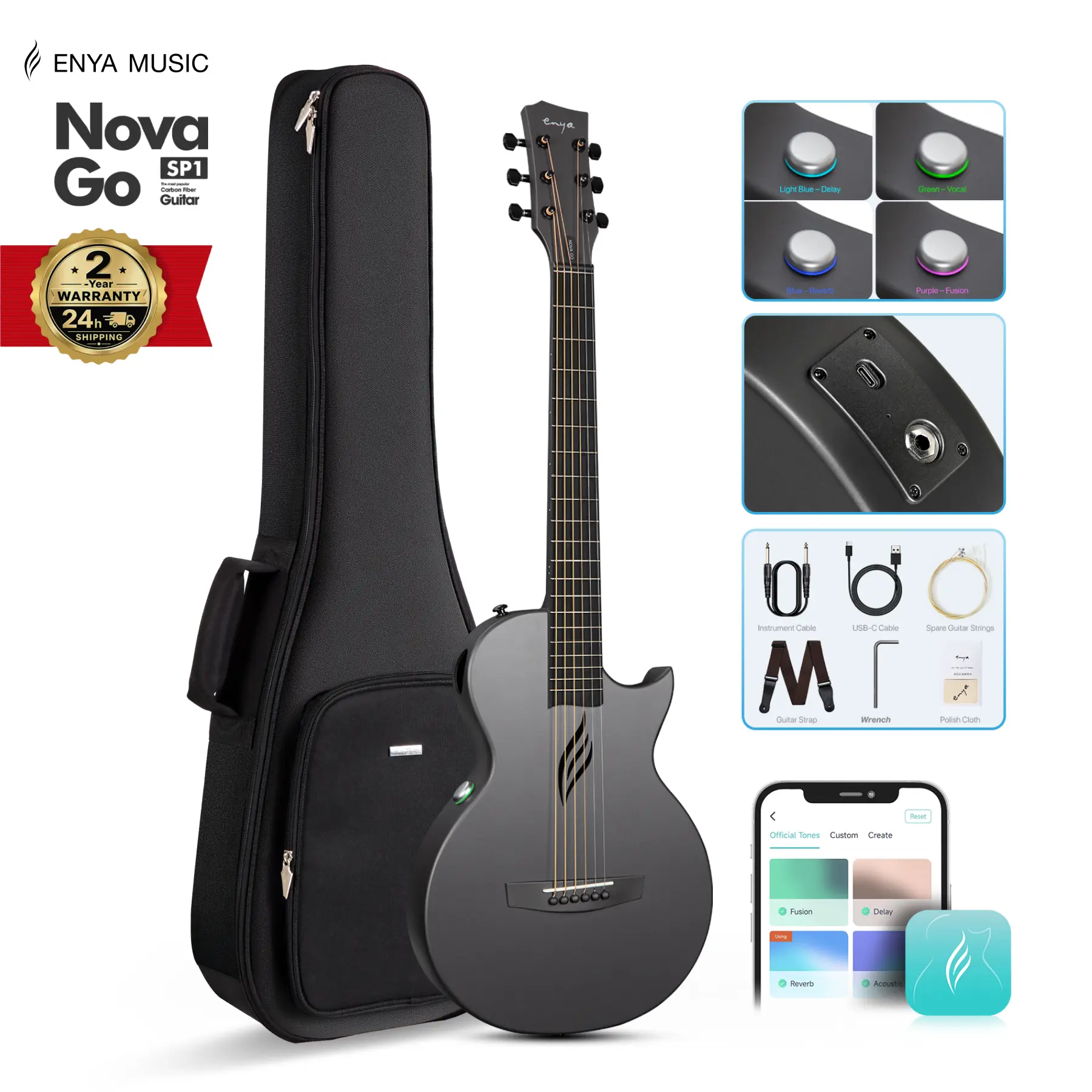 【Play Anywhere】Enya NOVA GO SP1 Carbon Fiber Travel Guitar 35" Acoustic Electric with Smart AcousticPlus Technology Built-in Effects USB Recording Bluetooth Speaker Beginner Bundle Gig Bag Accessories 24-Hour Shipping 2-Year Warranty #SohoChic