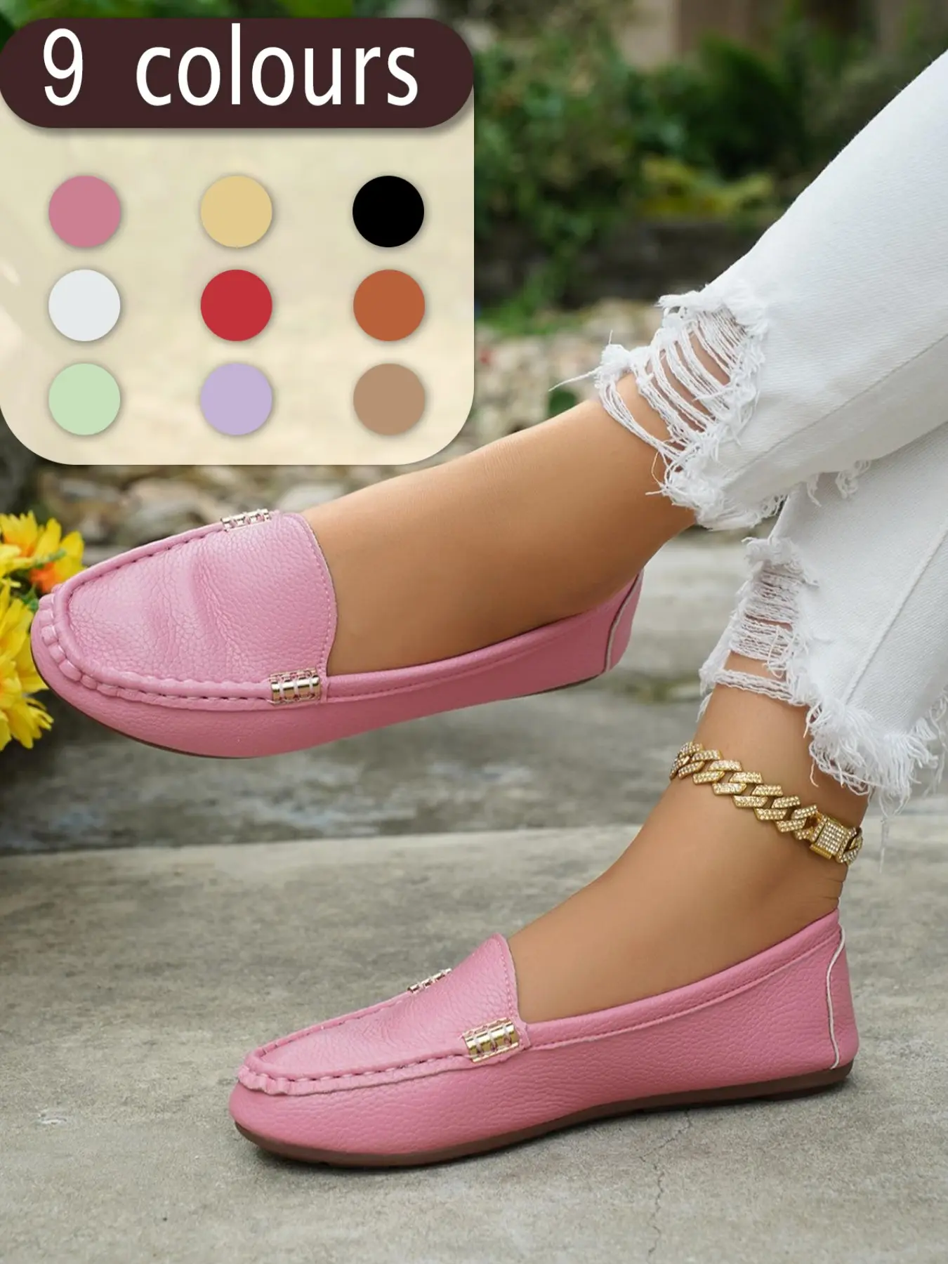 Women's Classic Plain Low Heel Shoes, Fashionable and Sexy, High-End Slanted Metal Chain Decoration, Round Toe Flat, Comfortable Casual Footwear, Everyday Wear Footwear, Slip On Flats