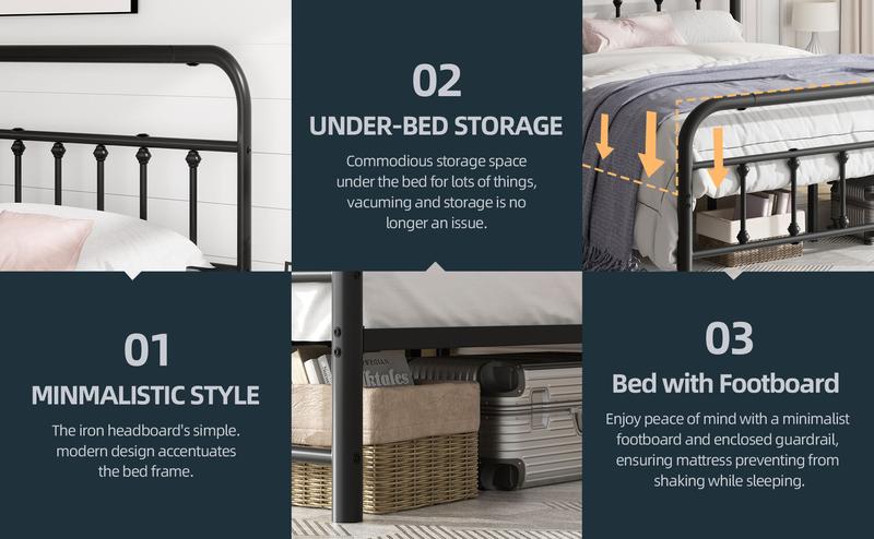 Walsunny Metal Platform Bed Frame Mattress Foundation with Victorian Style Iron-Art Headboard/Footboard, Under Bed Storage, Queen, Full, Twin Size