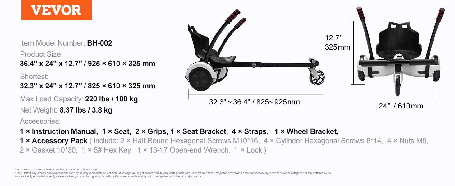 VEVOR Hoverboard Seat Attachment, for 6.5" 8" 8.5" 10" Hoverboards, with LED Lights, Grips Control, Adjustable Frame Length and 220 LBS Load Capacity, Hover Board Go Karts Accessory, for Kids Adults VEVOR Hoverboard Seat Attachment, for 6.5" 8" 8.5" 10" Hoverboards, with LED Lights, Grips Control, Adjustable Frame Length and 220 LBS Load Capacity, Hover Board Go Karts Accessory, for Kids Adults