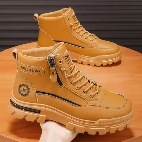 Men's High-Top Winter Snow Walking Shoes - Fashion PU Leather Upper, Waterproof, Zipper Closure & Laces, Anti-Slip Wear-Resistant PVC Sole, Side Braid, Ankle Hold, Round Toe, Fabric Lining, Outdoor Casual Athletic Hiking Footwear
