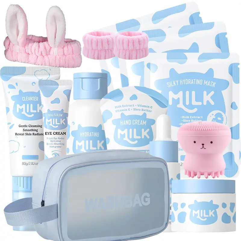 EGFSK 14PCS Milk Skin Care Set - Beauty Products for Teenage Girls (Ages 8-12) with Face Wash, Toner, Serum, Eye Cream, Face Cream, Sunscreen, Facial Masks - Daily Routine Deep Hydration for Smooth Skin - Get Set for Glow