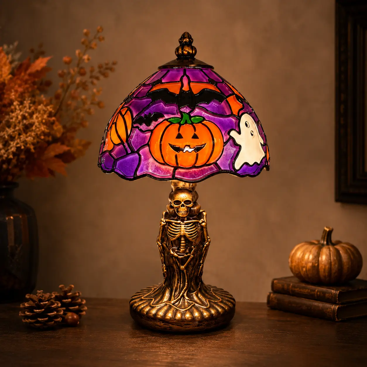 USB Powered Halloween Table Lamp, Pumpkin Ghost Night Light with Skeleton Base, Vintage Gothic Desk Decor for Bedroom Home Halloween Party Gift, Synthetic Resin