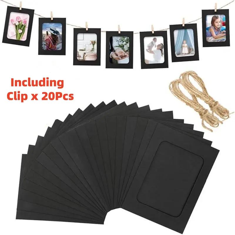 20Pcs 4x6 Inch Paper Photo Frames With 20Pcs Clips, Black Paper Picture Frames, Hanging Photo Display Banner, DIY Clip Photo Display Holders for Home, Office, Wedding, and Party Decor