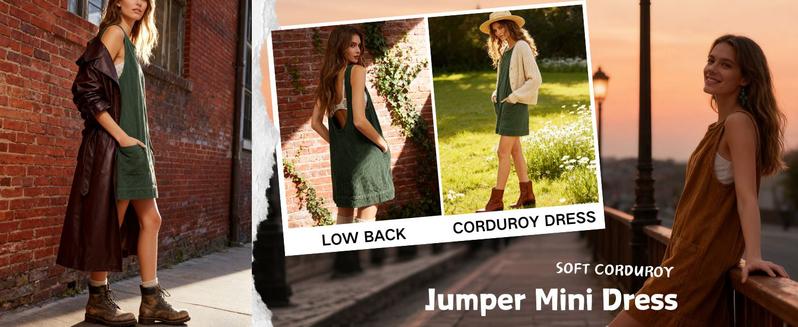 Tanming Women's Corduroy Overall Dress Round Neck A Line Skirtall Jumper Mini Dress Pinafore with Pockets Holiday Party Dress