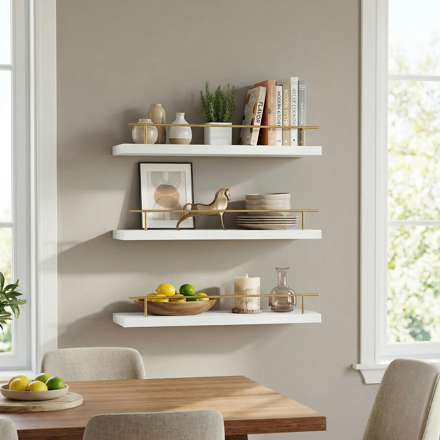 Spaco 15.7" Maple White Floating Wall Shelves - Modern Wood Storage for Bathroom, Bedroom, Kitchen & Living Room (Gold railing,Invisible Brackets, Decorative & Functional for Books & Organization) Spaco 15.7" Maple White Floating Wall Shelves - Modern Wood Storage for Bathroom, Bedroom, Kitchen & Living Room (Gold railing,Invisible Brackets, Decorative & Functional for Books & Organization)