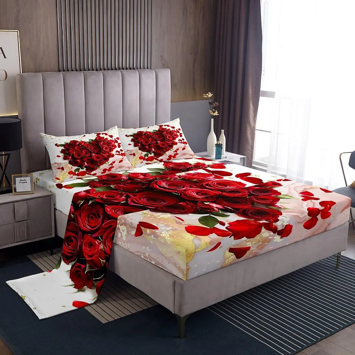 Feelyou Valentine's Day Bedding Set - Multi-Size, Romantic Look with Rose Motif, Red Heart & Marble Design, Breathable Weave, Deep Pockets, Machine Washable, Women's Bedsheets Set, Pattern Bedding Set