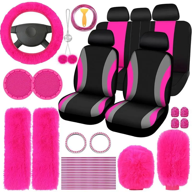 Car Seat Covers & Interior Accessories Set, Thin summer Polyester Five-Seat Car Seat Covers, Plush Steering Wheel Cover, Car Decor Gift, Car Interior Decorative, Car Decor Interior, Suitable for most cars and SUVs