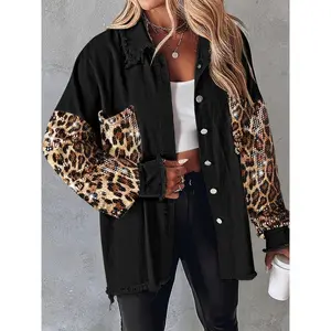 Contrast Leopard Sequin Patchwork Long Sleeve Jacket Top Button Front Raw Hem Shacket