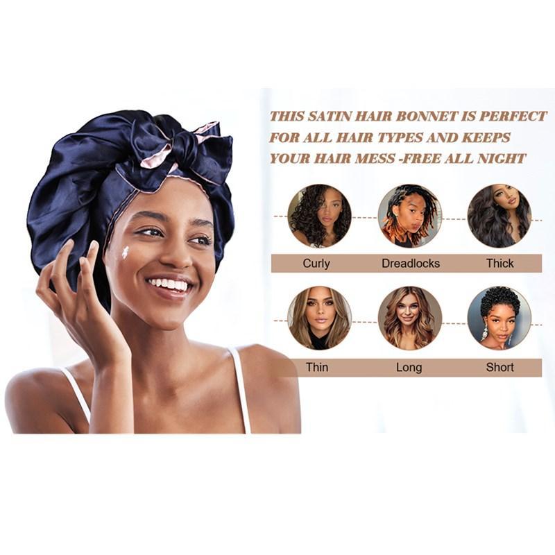 Double-Layer Navy Blue&Pink Satin Bonnet Sleep Cap for Women Curly Hair Wrap for Sleeping Cap Adjustable Reversible Bonnets with Tie Band Night Cap