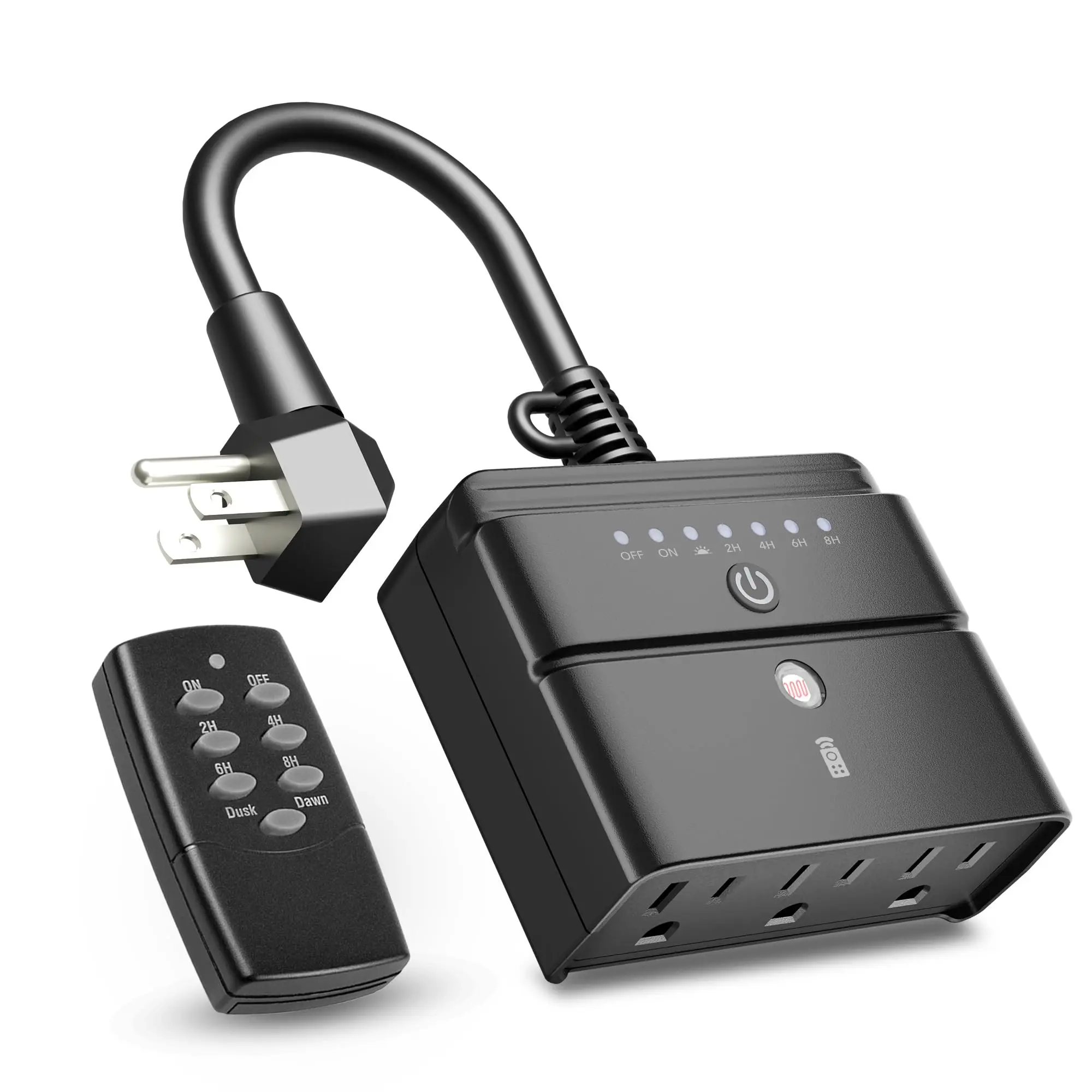 BN-LINK Outdoor Remote Control Power Outlet Timer - Dusk-to-Dawn Sensor, 2/4/6/8-Hour Countdown, 100 ft RF Range, 6-in Grounded Cord, 15A 1/2HP, ETL Listed - For Christmas Decorations, Pool Pumps, Garden Lights, Universal Socket Compatibility