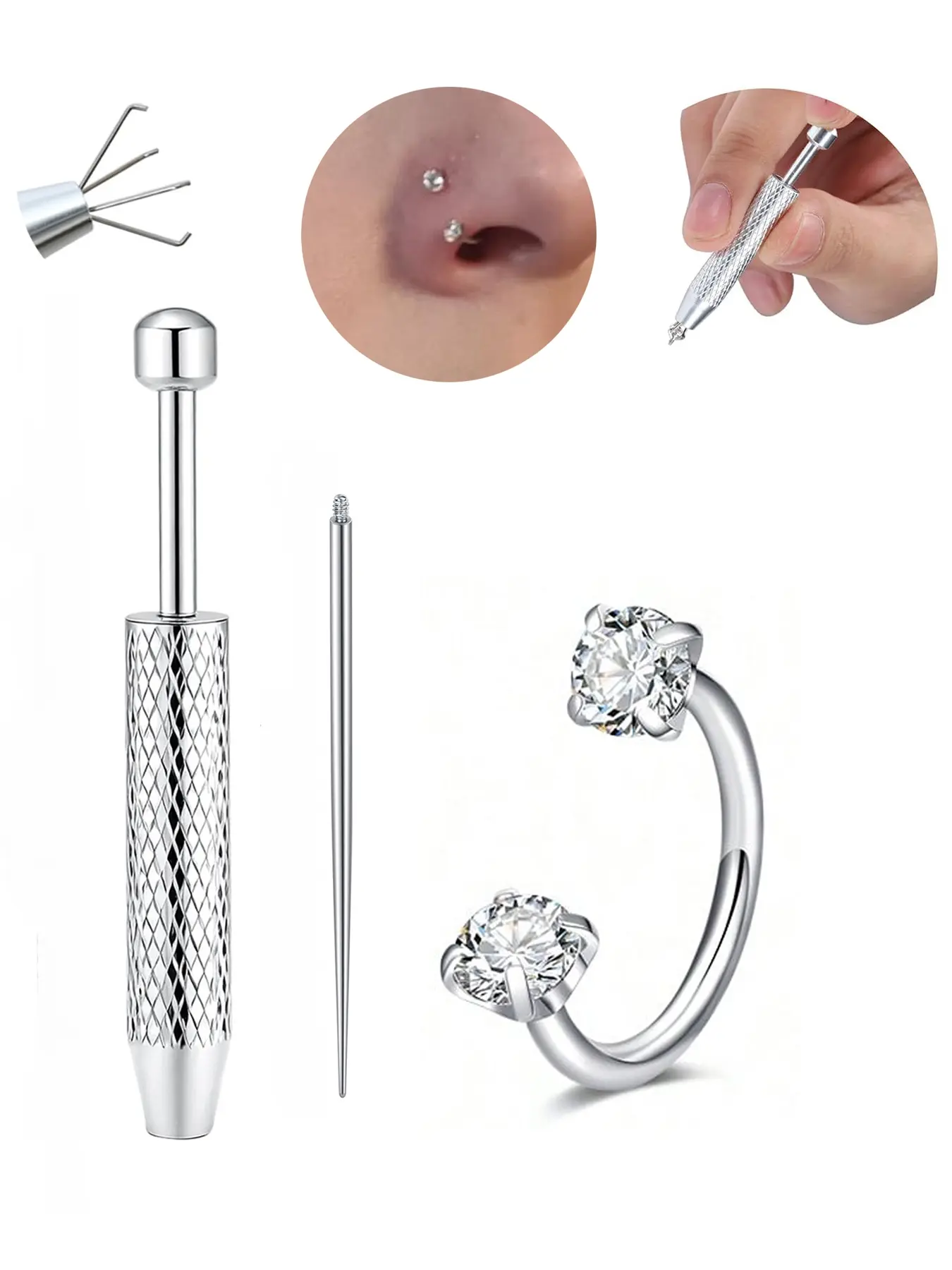 20/18gauge CZ Horseshoe Nose Ring With Piercing Ball Grabber Tool, Internal Threaded Hypoallergenic Stainless Steel 6/7/8mm C shape Hoops for Nose Septum Ring Cartilage Tragus Helix Pierced Ring Earring Labret Lip Body Piercing Jewelry Nose Piercings Kit