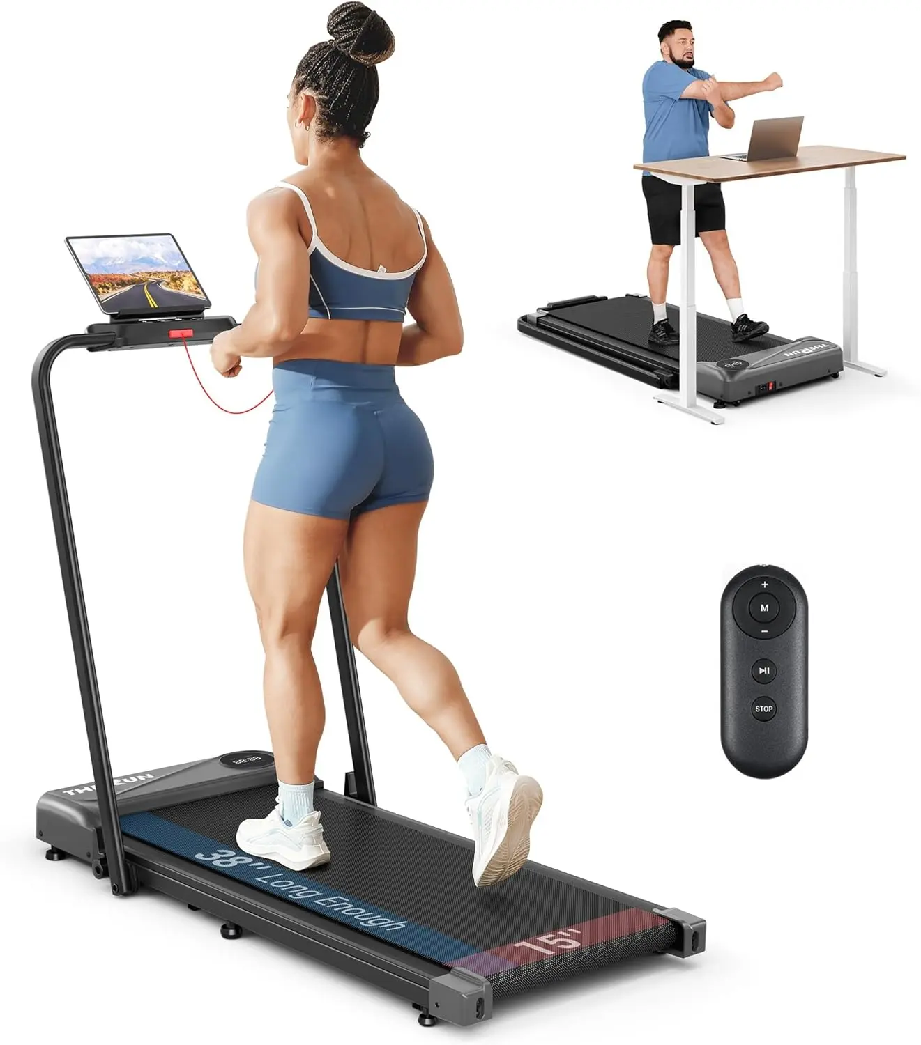 THERUN Walking Pad with Handle Bar, Under Desk Portable Treadmill, 300lbs Load Shock Absorption LED Display & Remote Control Compact Treadmill for Home & Office Exercise