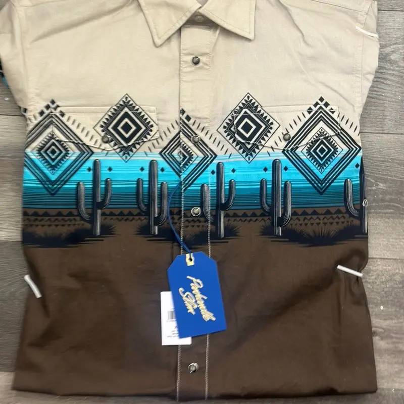Slim Men's Aztec Cactus Print Border Shirt with Geometric Patterns and Cactus Design