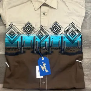 Slim Men's Aztec Cactus Print Border Shirt with Geometric Patterns and Cactus Design