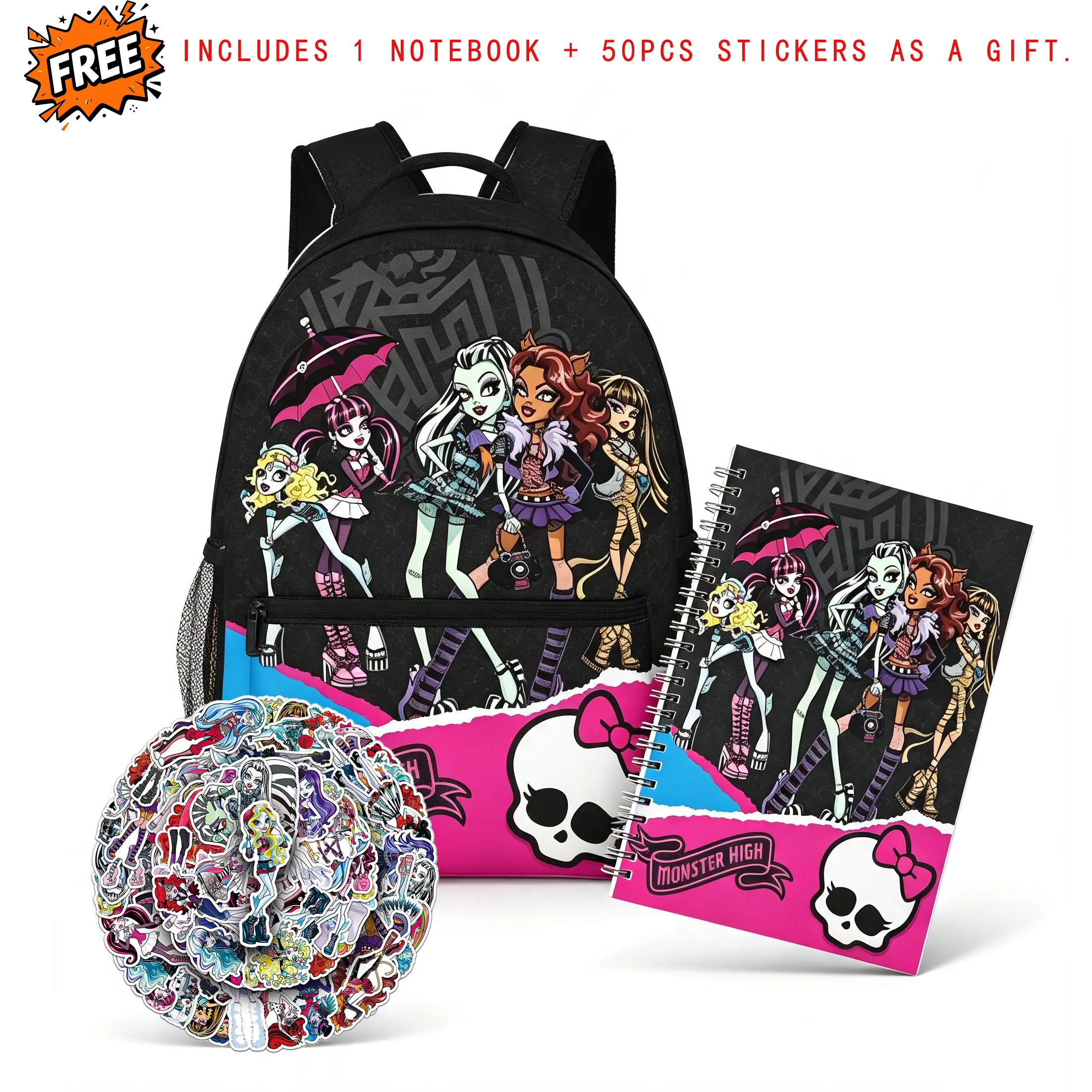 Unisex Monster High Printed Polyester Backpack Set (Back to School) - Anime Graphic Bag with 1 Notebook, 50 Stickers, Adjustable Straps, Side Pockets for Elementary/Middle School Kids, Cute