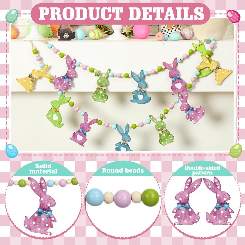 Easter Bunny Garland Banner with Wood Beads for Easter Decor, Rustic Rabbits Hanging Garland for Mantle Fireplace Shelf Wall Display Spring Home Decor, Shamrock Garland for St. Patrick's Day Luck Of The Irish Green Decor, Indoor Party Supplies & Gifts