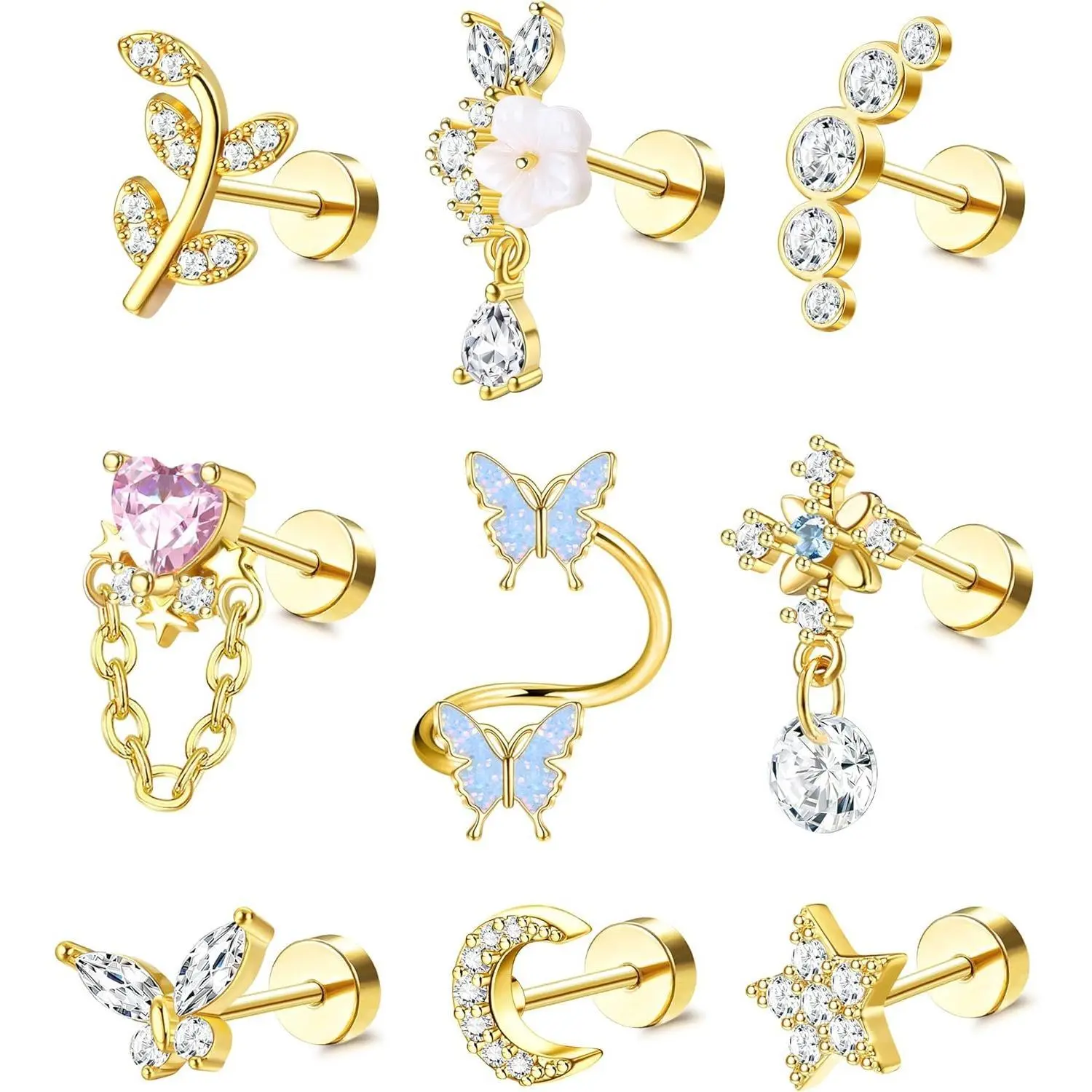 CASSIECA 16G Flat Back Earrings Stack Hypoallergenic Stainless Steel Women's Flat Back Earrings Set, 9Pcs Helix Piercing Earrings with Leaf, Butterfly Motif CZ Studs for Daily Wear