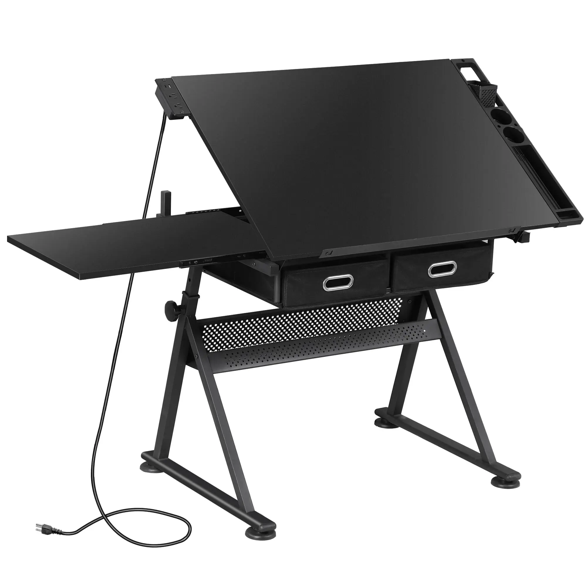 Ergonomic Home Office Computer Desk - Height & Angle Adjustable Tilt Drafting Drawing Desk for Artists, Sturdy Steel-Wood Construction, Storage Drawers, Black, Modern Office Furniture