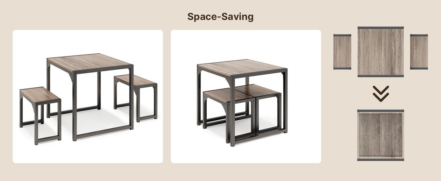 Gizoon Dining Table Set for 2, Kitchen Table Set for 2 with Steel Frame, Kitchen Table with 2 Benches for Small Space, Space Saving Design for Restaurant, Living Room, Grey