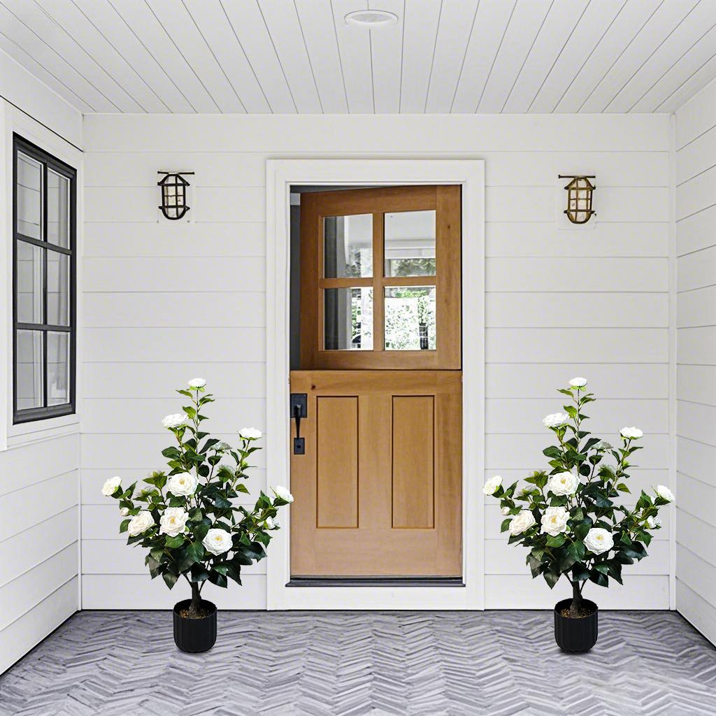 2 Pcs 3ft Artificial Camellia Trees with 24 Realistic Flowers 188 Leaves Decorative Pebbles and Planter for Indoor Home Office Outdoor Courtyard Decor