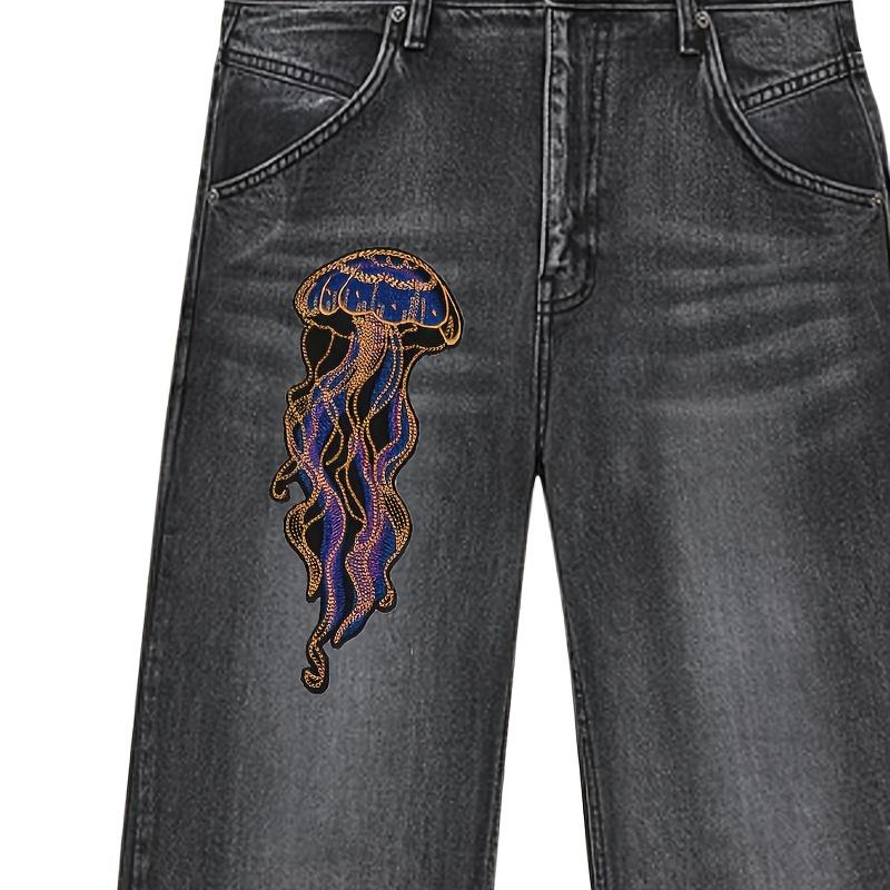 2 Pcs Jellyfish Iron-On Patches, Vivid Navy, Gold, and Black Ocean-Themed Embroidery Design, Heat-Press or Sew-On, Suitable for Jackets, Bags, Hats, Denim, Embroidered Craft Gifts for Men/Women