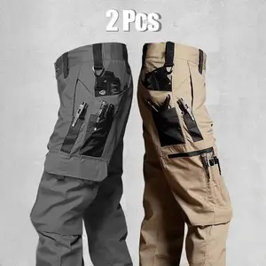 Men's durable outdoor pants, men's multi-pocket work pants, men's solid color and  printed pocket zipper waterproof tactical cargo pants without belt, regular fit sports pocket durable autumn pants.Gift