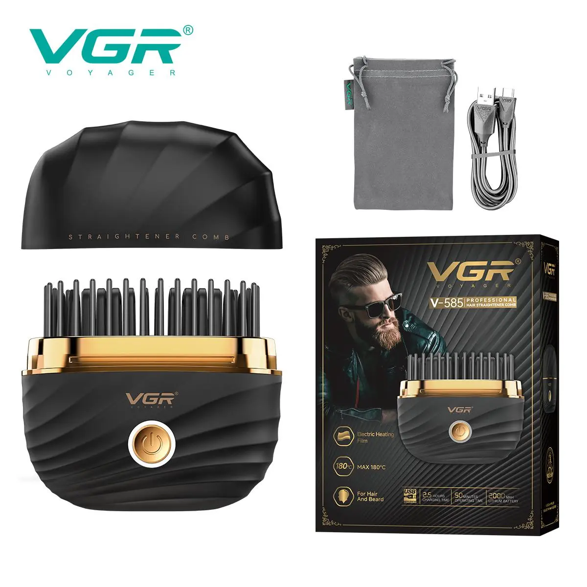 VGR V-585 Beard Straightener Comb for Men, Heated Hair Straightener Comb for Hair and Beard, Portable Electric Hot Comb with 2 Temperature Settings, Type-C Rechargeable Beard Styling Brush,back to school,back to school haul