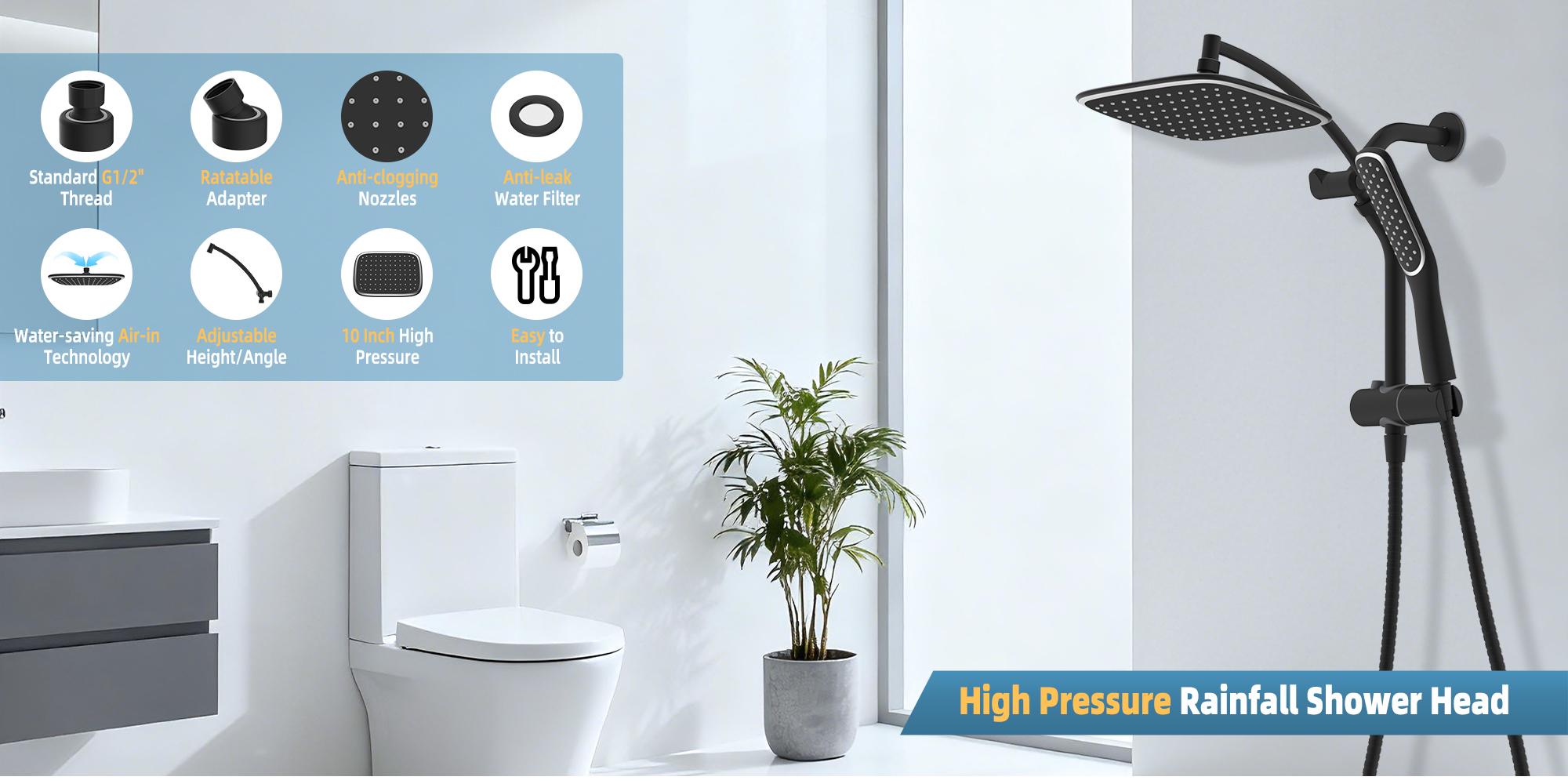 Rain Shower Head with Handheld Spray Combo, High Pressure Rainfall Shower Head, Height Adjustable Dual Shower Head, Luxury Waterfall Showerhead Bathroom