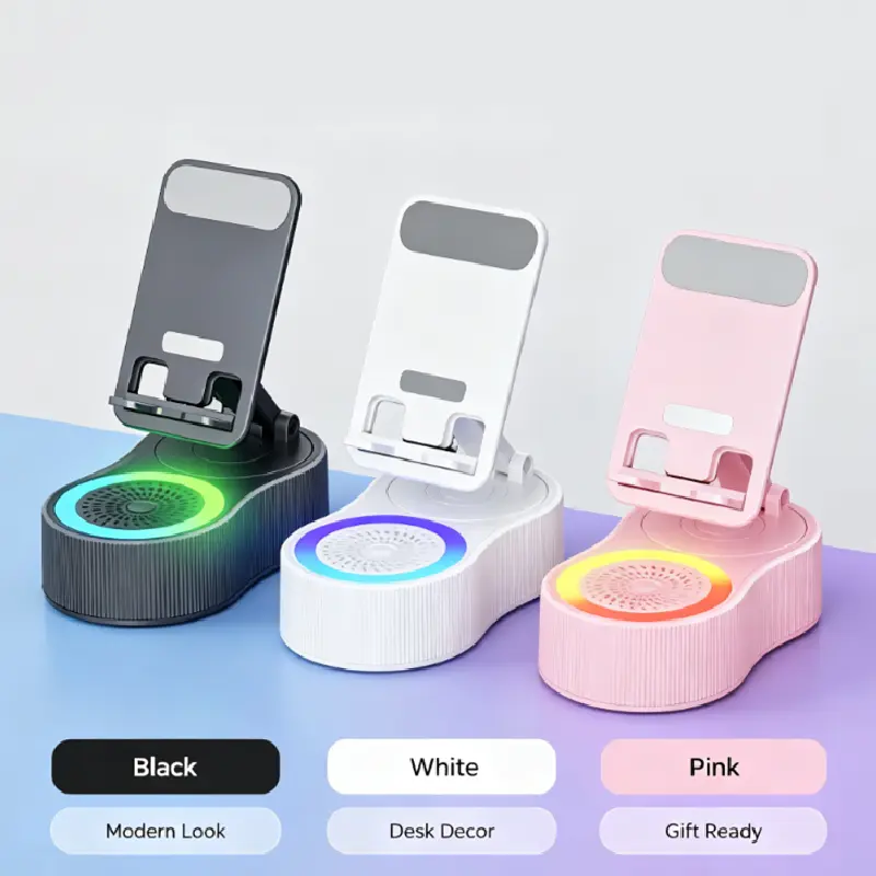 Wireless Induction Bluetooth Speaker Stand 5in1 Phone Holder Emergency Rechargeable (3000mAh) with Colorful Ambient Light 300° Foldable for Tablet iPhone Android, Gifts for Men Women