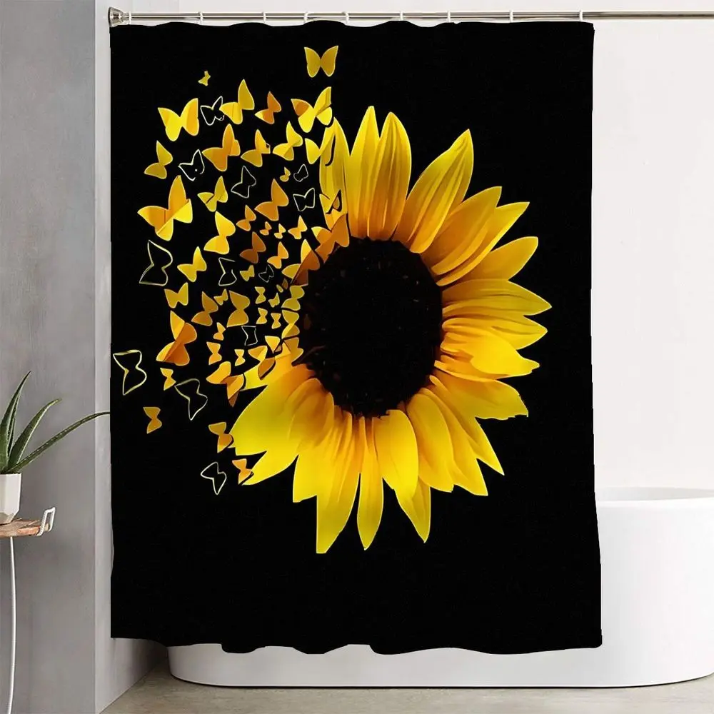 1/4pcs Sunflower Breeze Bathroom Decor Set - Elegant Black Shower Curtain Sets with Vibrant Yellow Sunflower & Butterfly Design, Matching Bath Mats & Toilet Lid Cover, Perfect for Summer Vibes and Seasonal Refresh in Your Bathroom Decoration