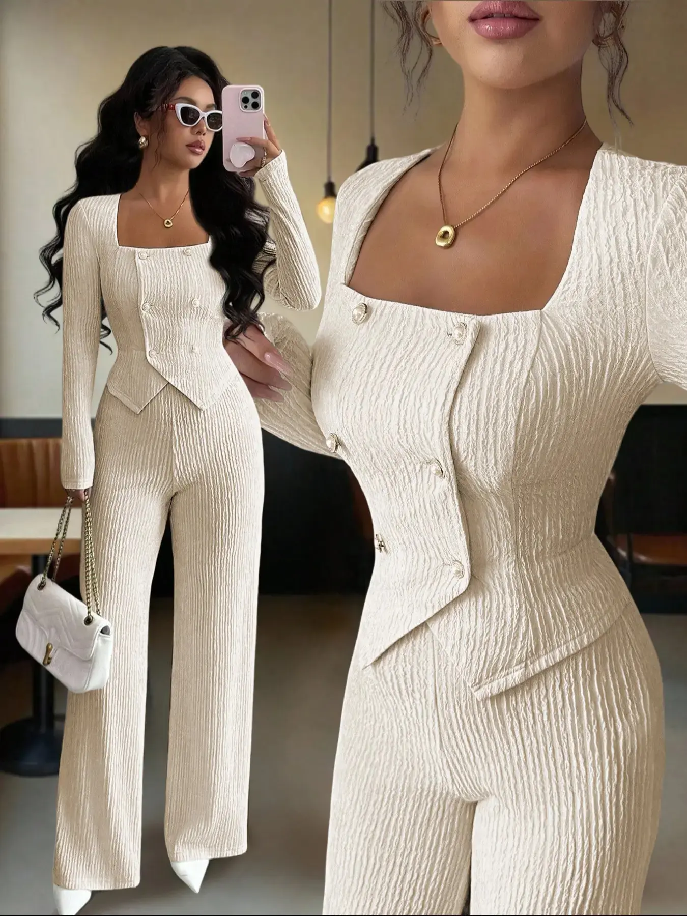 Women's New Elegant Fall Fitted Long Sleeve Button Top and Knit Straight Leg Pants Set, Suits, Plain Color, Two-Piece for Autumn & Winter Womenswear Lady, Well Made, Cozy Warm, Classic Solid, All Day Comfort