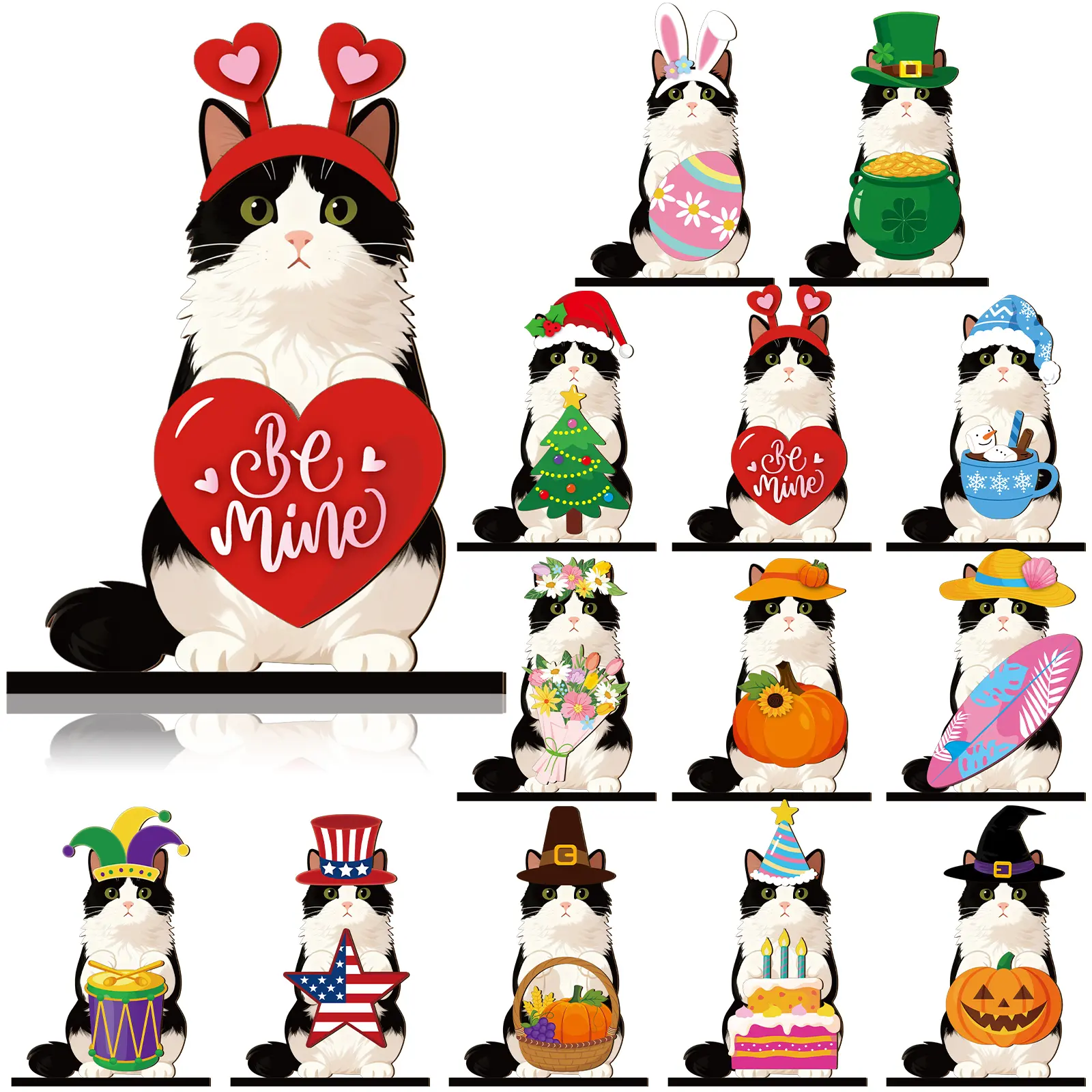 Cute Cat Sign Gift Animals Ornaments Wooden Desk Decor Golden Retriever Cat Labrador Dachshund Highland Cow Interchangeable Ornaments with Magnet Detachable Hats for Summer Holiday Seasonal Birthday Party, Gift for Pet Owning Families and Animal Lovers
