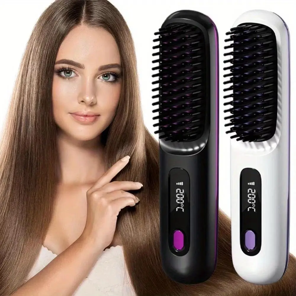 2-in-1 Cordless Smart Hair Straightener & Curler Brush - Negative Ion Heated Detangler Brush, Mini Portable Lengthening Styling Tool for Daily Beauty & Personal Care, 2-In-1 Mini Portable Curlers & Straighteners