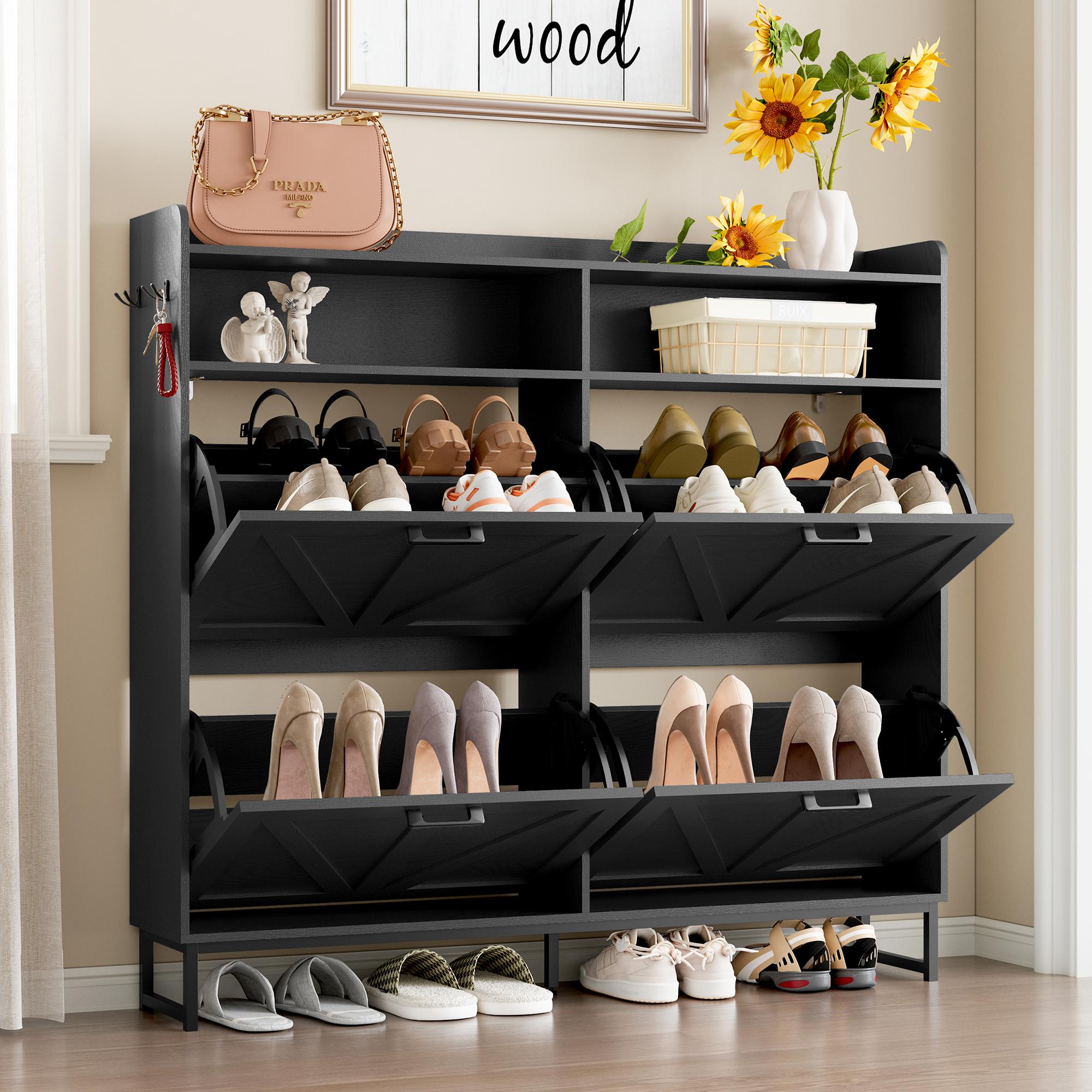 Shoe Cabinet with 4 Flip Drawers, Freestanding Hidden Shoe Storage Organizer for Entryway, Narrow Slim Shoe Rack Cabinet with Open Storage & Hooks for Front Door Entrance, Living Room, Hallway, Black