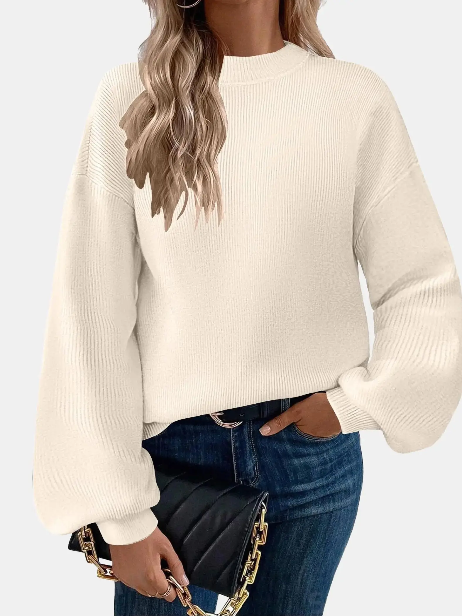 ZEAGOO Women's Turtleneck Sweater, Casual Simple Flowers Knit Oversized Pullover with Lantern Longsleeves, Jeans, Polyester, Viscose, Knitwear