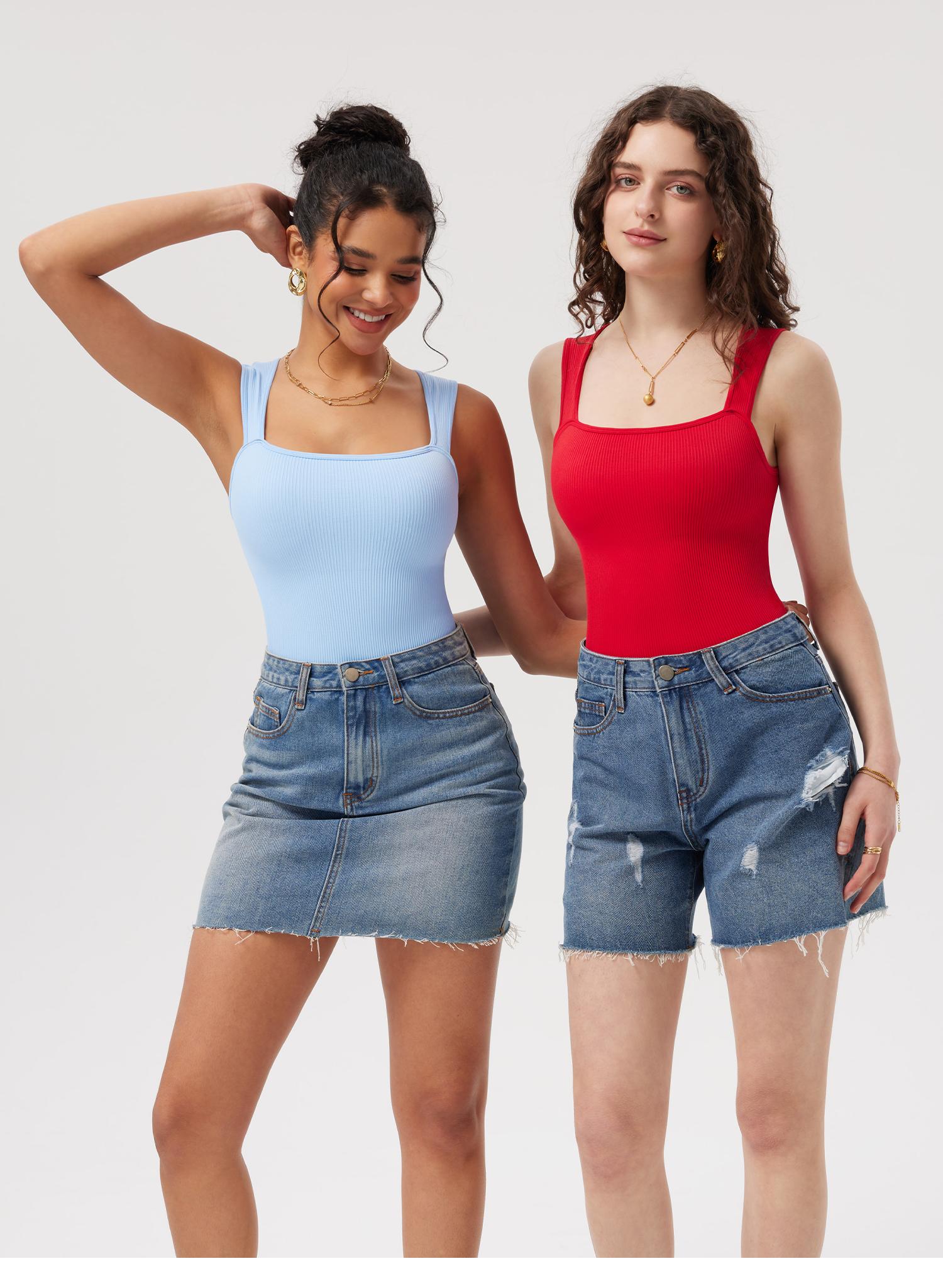 OQQ Women's 3 Piece Ribbed Bodysuits - Sexy Square Neck Sleeveless Tank Top Design - Stretchy  Soft Womenswear Underwear Lady Comfort Trendy Girl Party SpringStatements