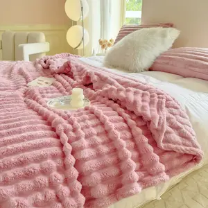 Lanrest Best Value Faux Rabbit Fur Ribbed Throw Blanket, Ultra Cozy Soft Plush Blanket for Couch Bed and Sofa, Lightweight Warm Everyday Home Blanket, Comfortable Stylish and Totally Worth It