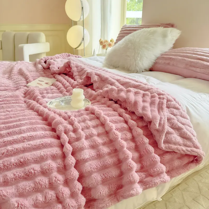 Lanrest Best Value Faux Rabbit Fur Ribbed Throw Blanket, Ultra Cozy Soft Plush Blanket for Couch Bed and Sofa, Lightweight Warm Everyday Home Blanket, Comfortable Stylish and Totally Worth It