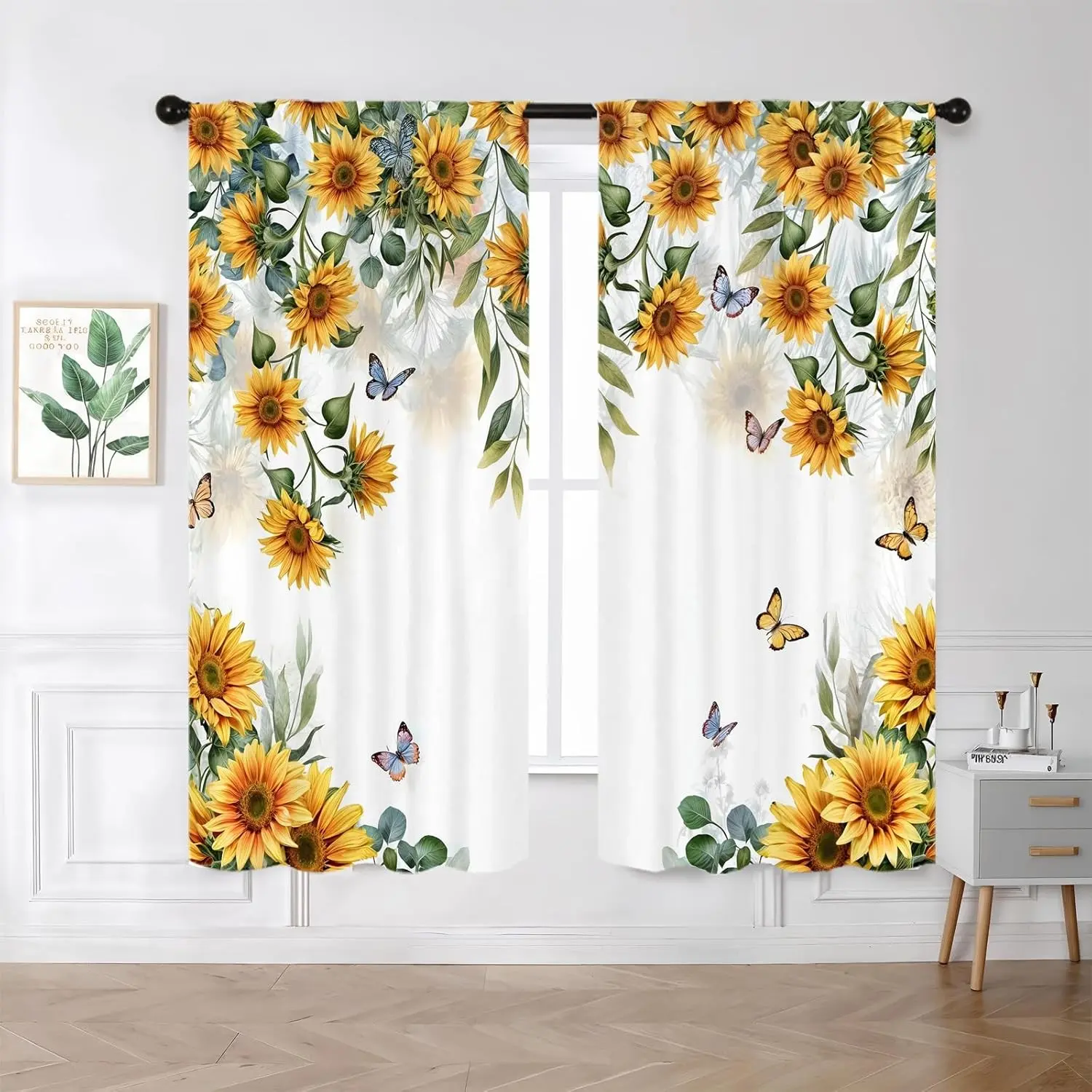 Yellow Sunflower Kitchen Curtains 42W X 63L Inch 2 Panels Rod Pocket Country Rustic Floral Flower Butterfly Farmhouse Over Sink Small Short Cafe Tier Window Treatment Bathroom Decor