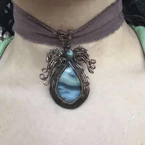 Handmade Copper Wire-Wrapped Fluorite Gemstone Choker, on 100% Cotton Ribbon Cord