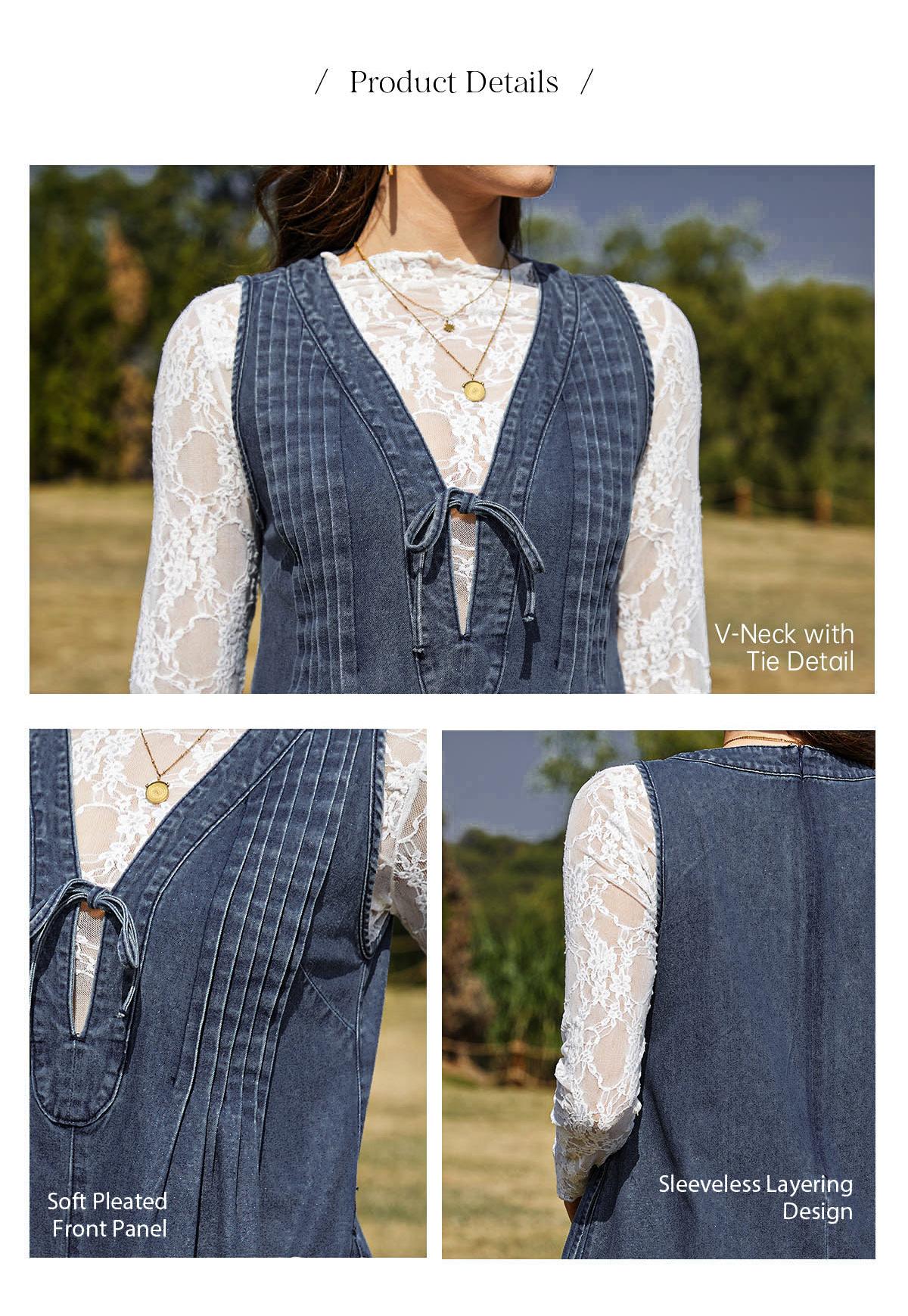 Chicovar Women's Oversized Vintage Denim Mini Dress, Easter dress,Sleeveless V-Neck Tie Front Ruffle Layered A-Line Tunic with Pockets & Front Pleats, Casual Outfit