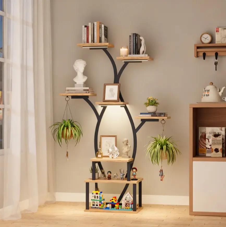 BACEKOLL 8-Tier Adjustable Lighted Metal Corner Shelf with Built-in LED Lights, Decorative Home Supplies Storage Rack for Books, Photo Displays, Living Room & Balcony, Brown, Collectibles