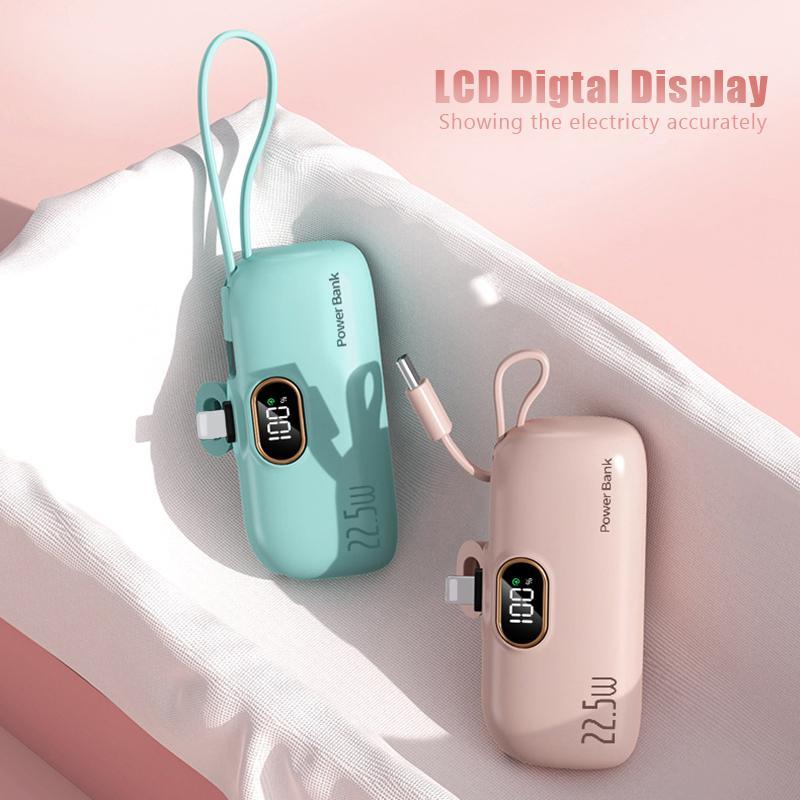 22.5W Mini Portable Charger Power Bank with 3 Output Ports, 5000mAh Fast Charging Battery Pack with LED Display-5000mAh Mini Portable Charger Power Bank for phone, 22.5W Fast Charger with 3-Output and Digital Display, Lightwight and Compact