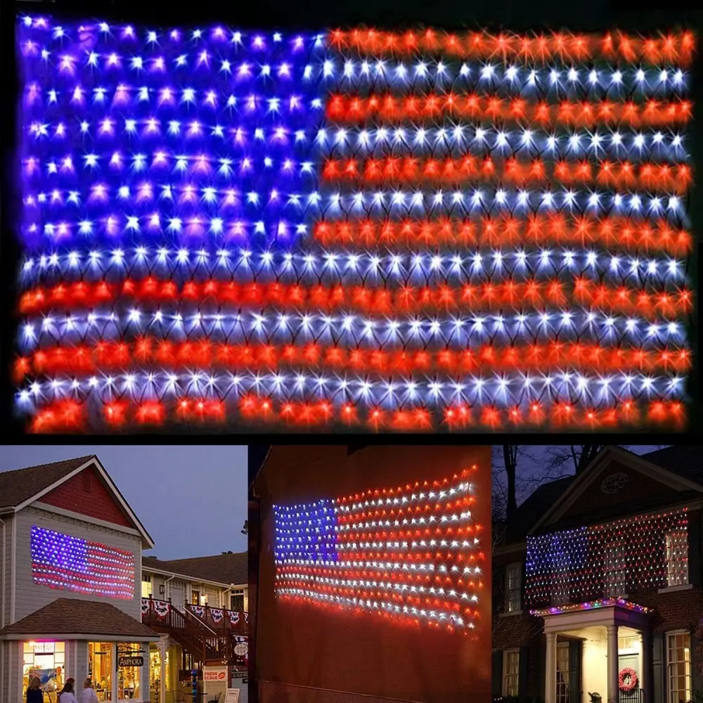 BZPCF American Flag Net Light, 420 LED String Lights, Fourth Of July Decorations, Memorial Day Decorations, For Independence Day, National Day, Christmas Day, New Year's Party, Garden, Yard Decorations Outside, (Plug In Power)