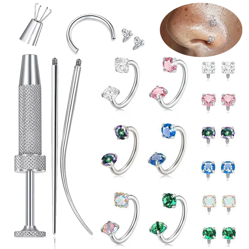 Horseshoe Nose Rings Surgical Steel Half Hoop Earrings for Women Internally Threaded Cartilage Helix Tragus Earrings Double CZ Eyebrow Lip Piercing 18G 8MM Silver Gold Plated
