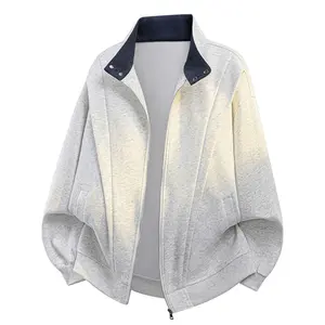 Minimalist stand-collar zip-up sweatshirt jacket for men, featuring a 3D cut for a relaxed fit; color-block design with a trendy streetwear vibe. Unisex long-sleeve sports top made from soft, comfortable fabric—ideal for everyday wear.