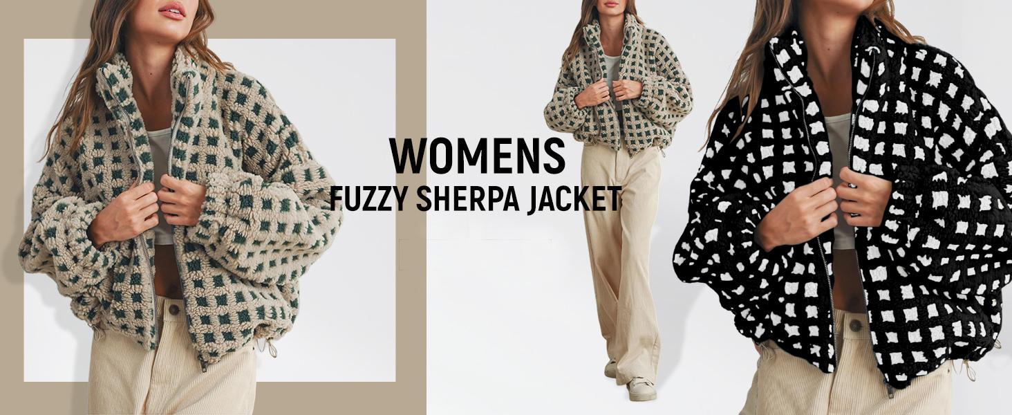 Ommig Women’s Long Sleeve Cropped Sherpa Fleece Plaid Jacket Casual Chunky Teddy Fleece Outerwear